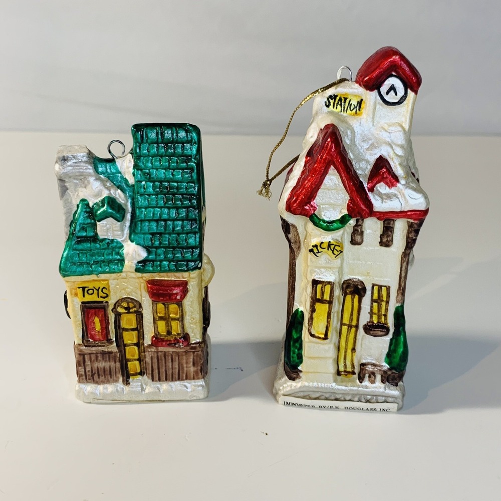 Set‎ of 2 Vintage Porcelain Ceramic Miniature Houses Holiday Hanging Ornaments